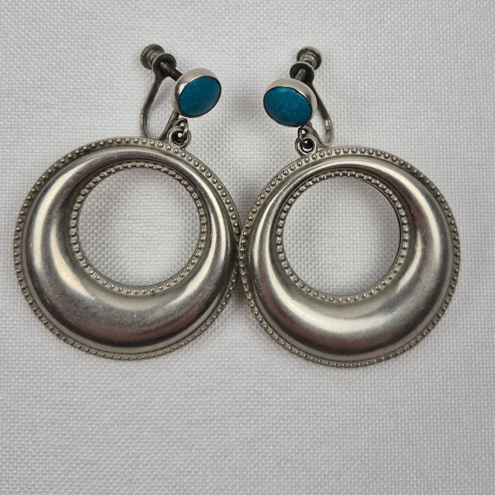 Vtg Screw Back Hoop Earrings Silver Tone Faux Turquoise Cabochon Boho‎ Retro